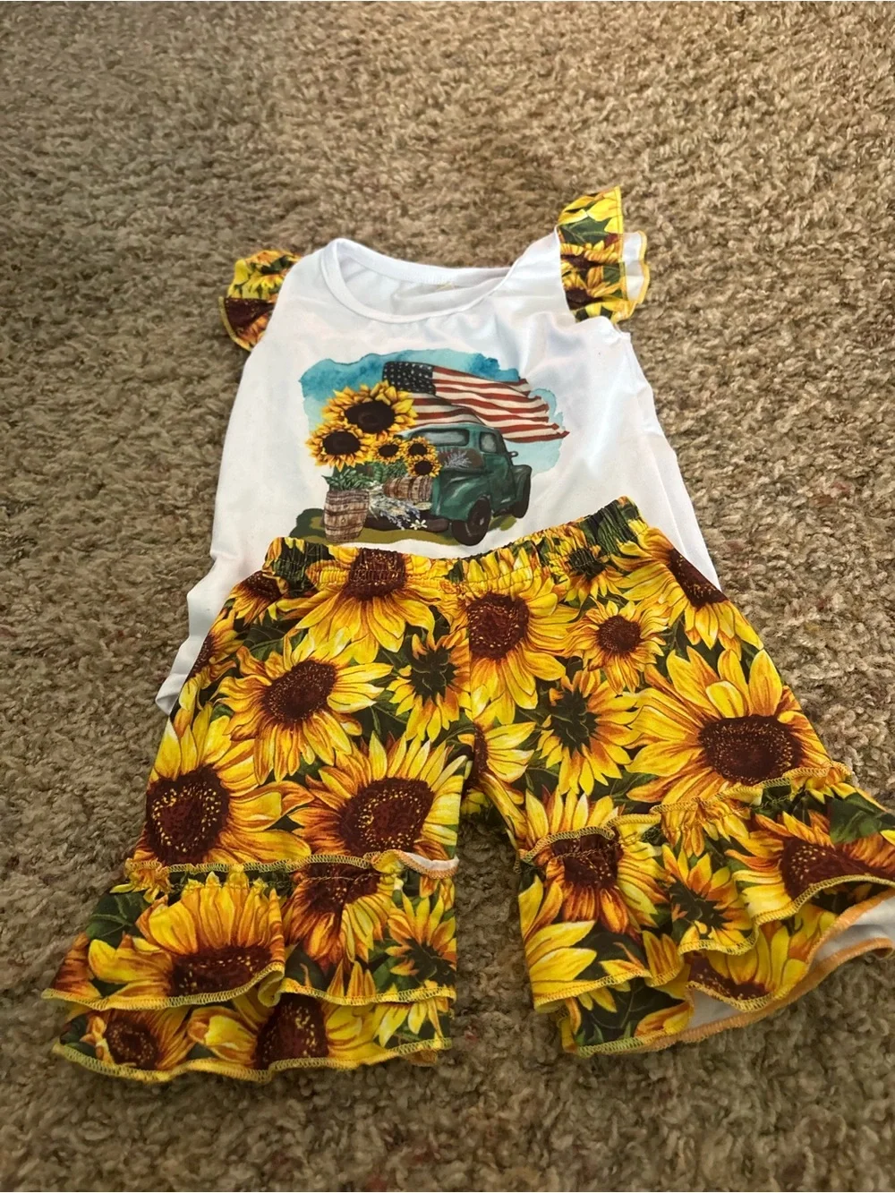 Girls Sunflower Ruffle Shorts Matching Set - Yellow Sunflower
